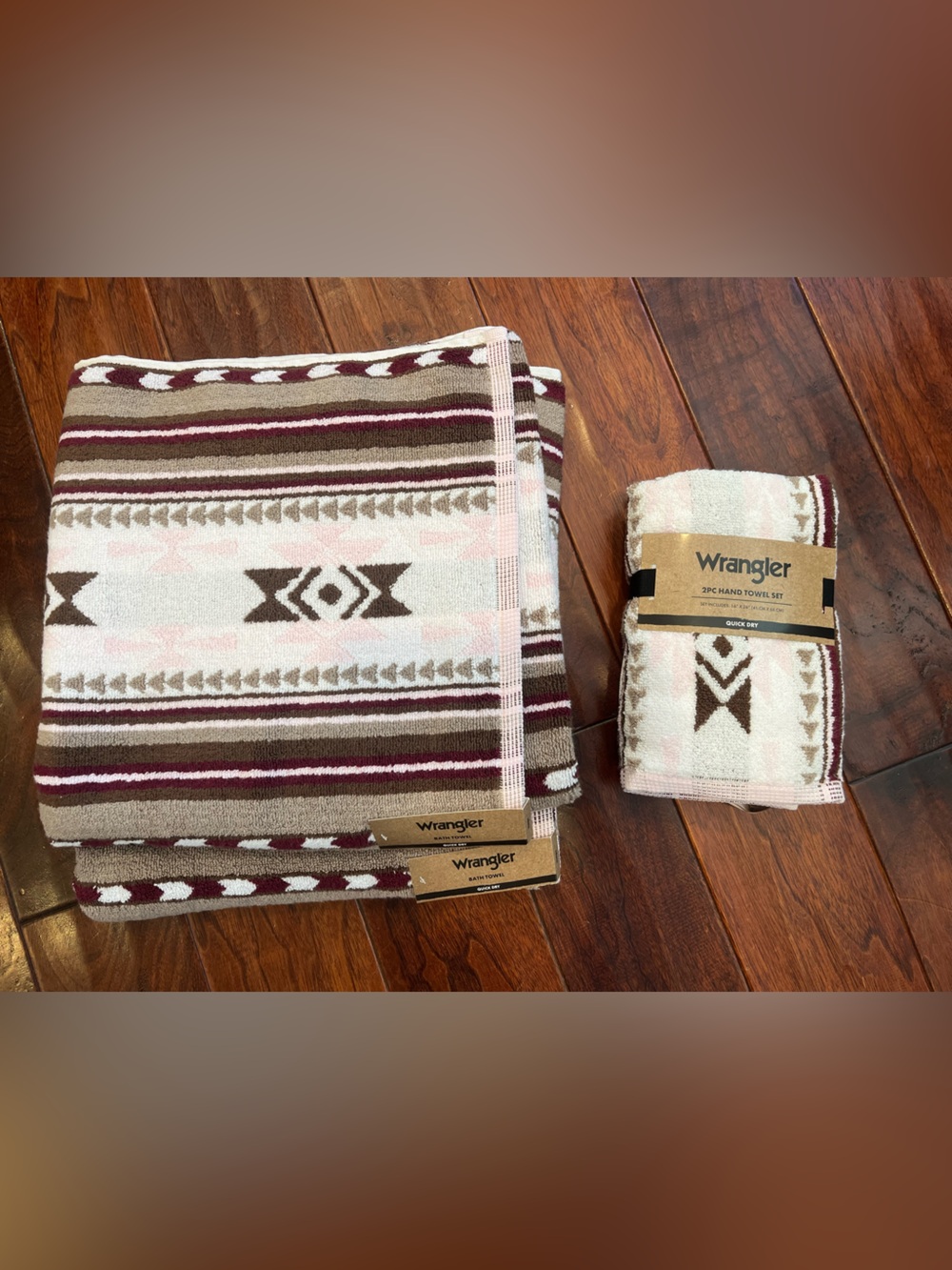 Wrangler Aztec Stripe Bath and Hand Towels in Burgundy, Brown, Pink & White